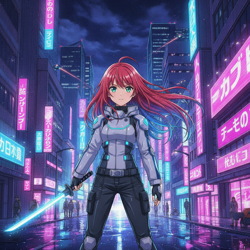 AI art example — anime style illustration of a heroine in a glowing neon city at night