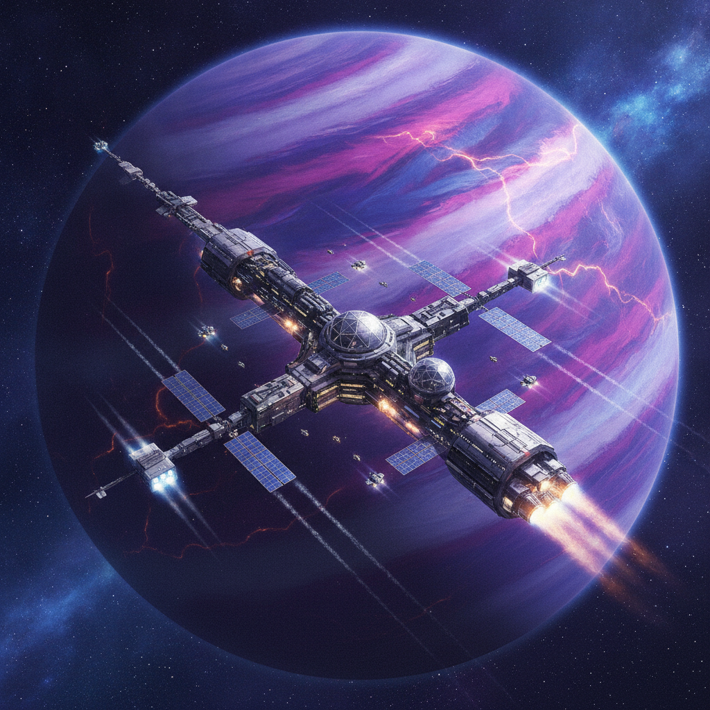 AI art example — futuristic sci-fi concept art of a space station orbiting a purple gas giant