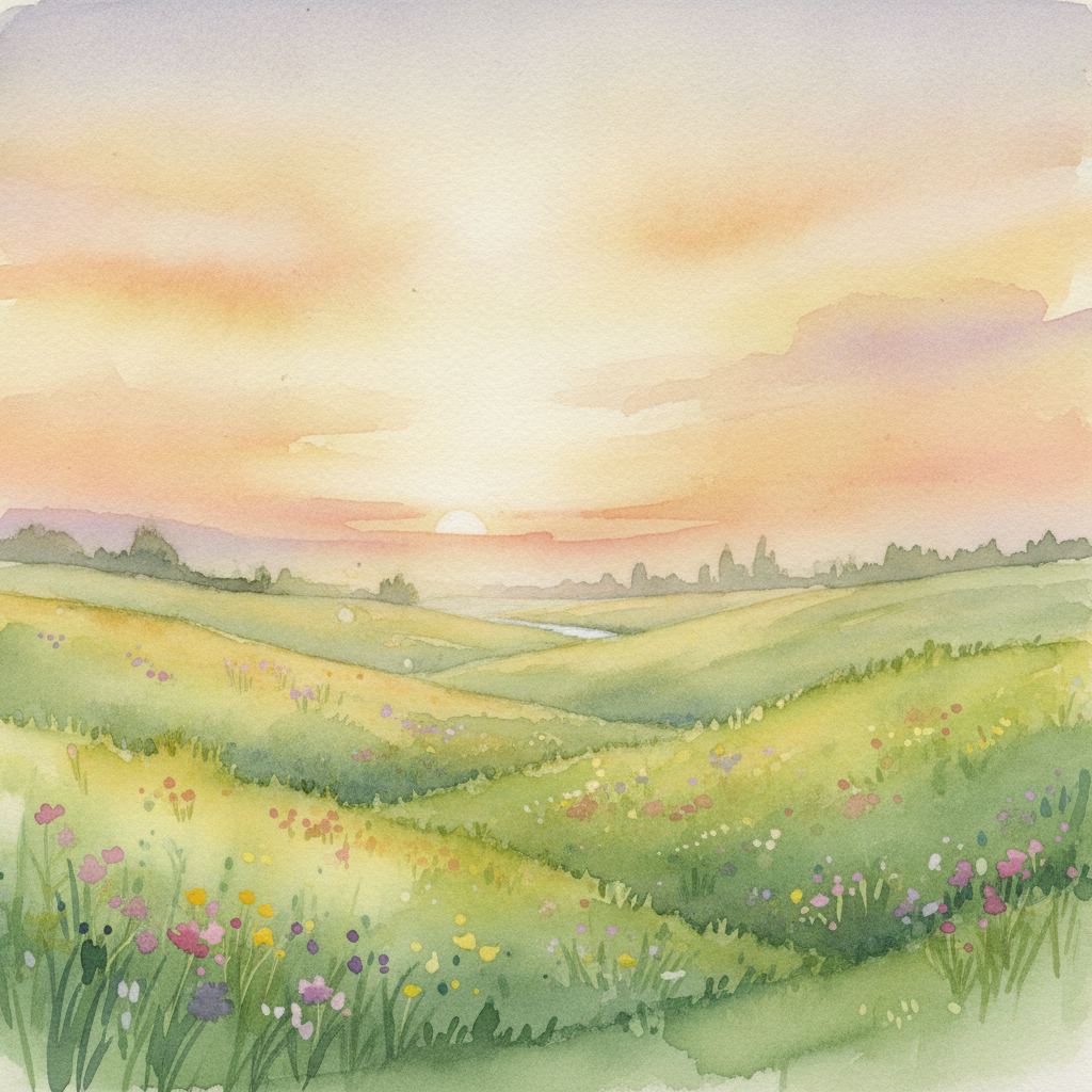 AI art example — soft watercolor painting of a countryside landscape at sunset with wildflowers