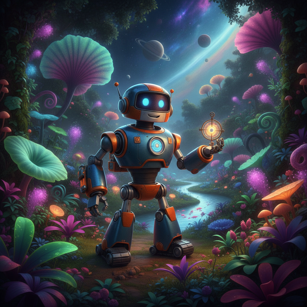 AI art example — stylized 3D rendered robot explorer in a lush alien jungle, Pixar-quality render