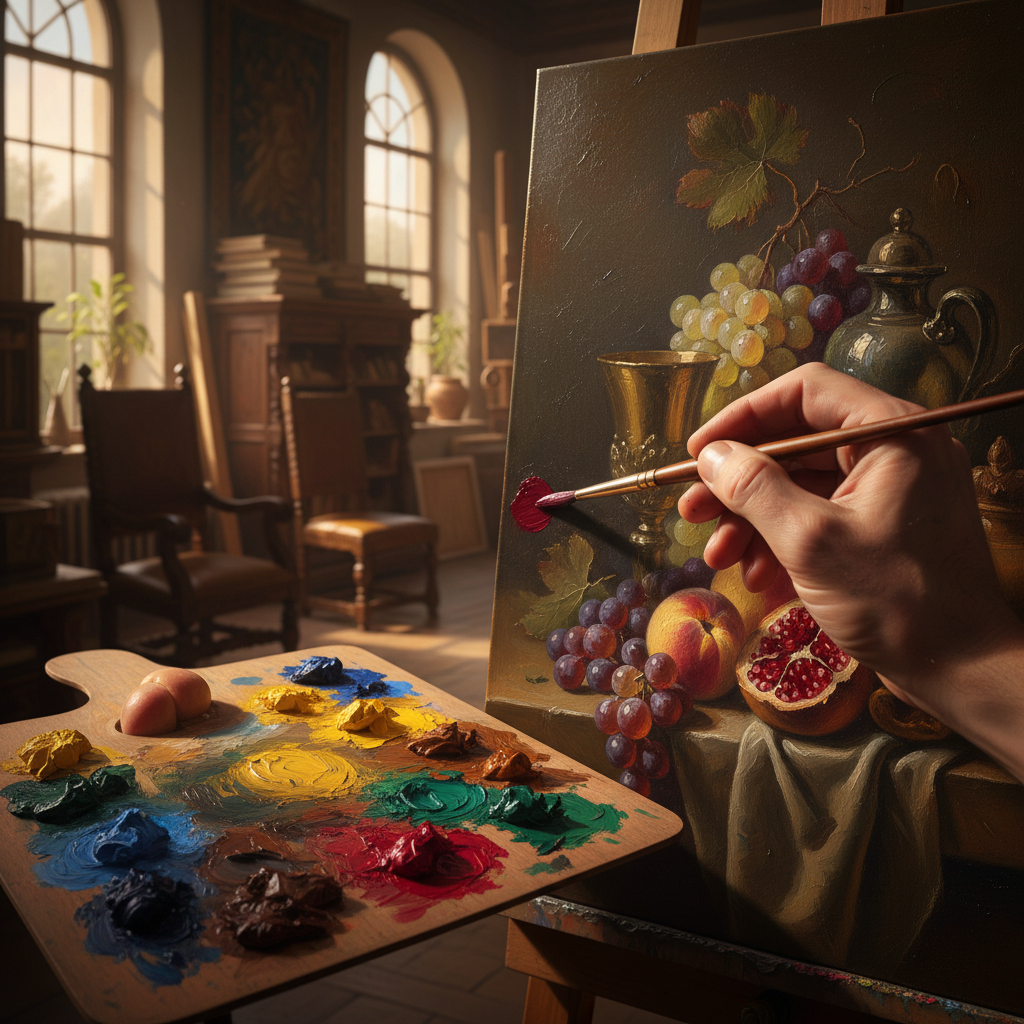 Traditional art techniques in action — close-up of a human hand painting with sable brush on canvas, rich oil paints, classical still life with fruit and pottery in golden hour studio light