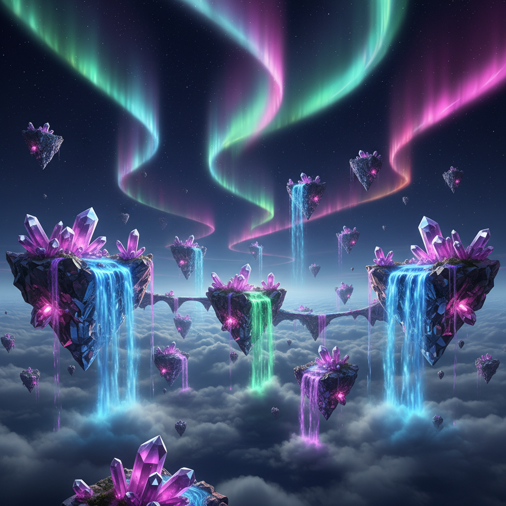 AI-generated art masterpiece — surreal fantasy landscape with floating crystal islands, glowing ethereal waterfalls, and neon aurora borealis sky in hyper-detailed 4K AI art creation