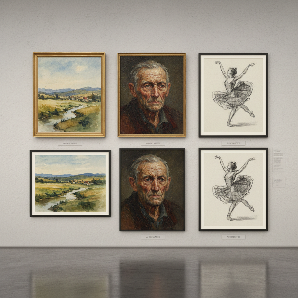 Digital art vs traditional art side-by-side grid — top row shows watercolor landscape, oil portrait, charcoal sketch by a human artist; bottom row shows the same subjects rendered by AI in matching styles