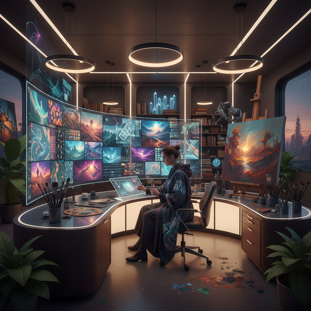 Hybrid studio of an artist blending traditional art techniques and AI-generated art — canvas, brushes, palette on one side and a large monitor running AI art generation on the other