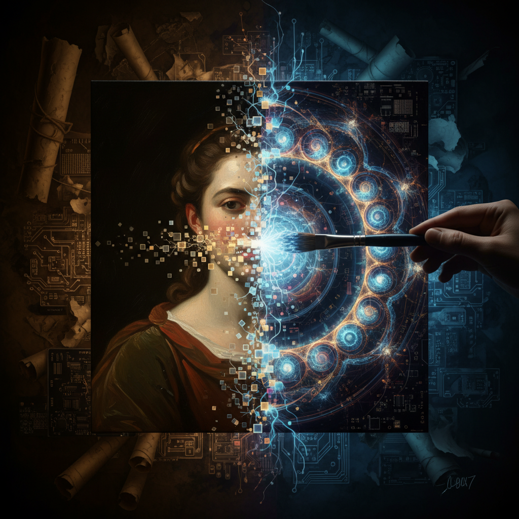 Conceptual AI art vs traditional art image — a paintbrush dissolving into glowing digital pixels and neural network patterns symbolizing harmony between traditional art techniques and AI-generated art