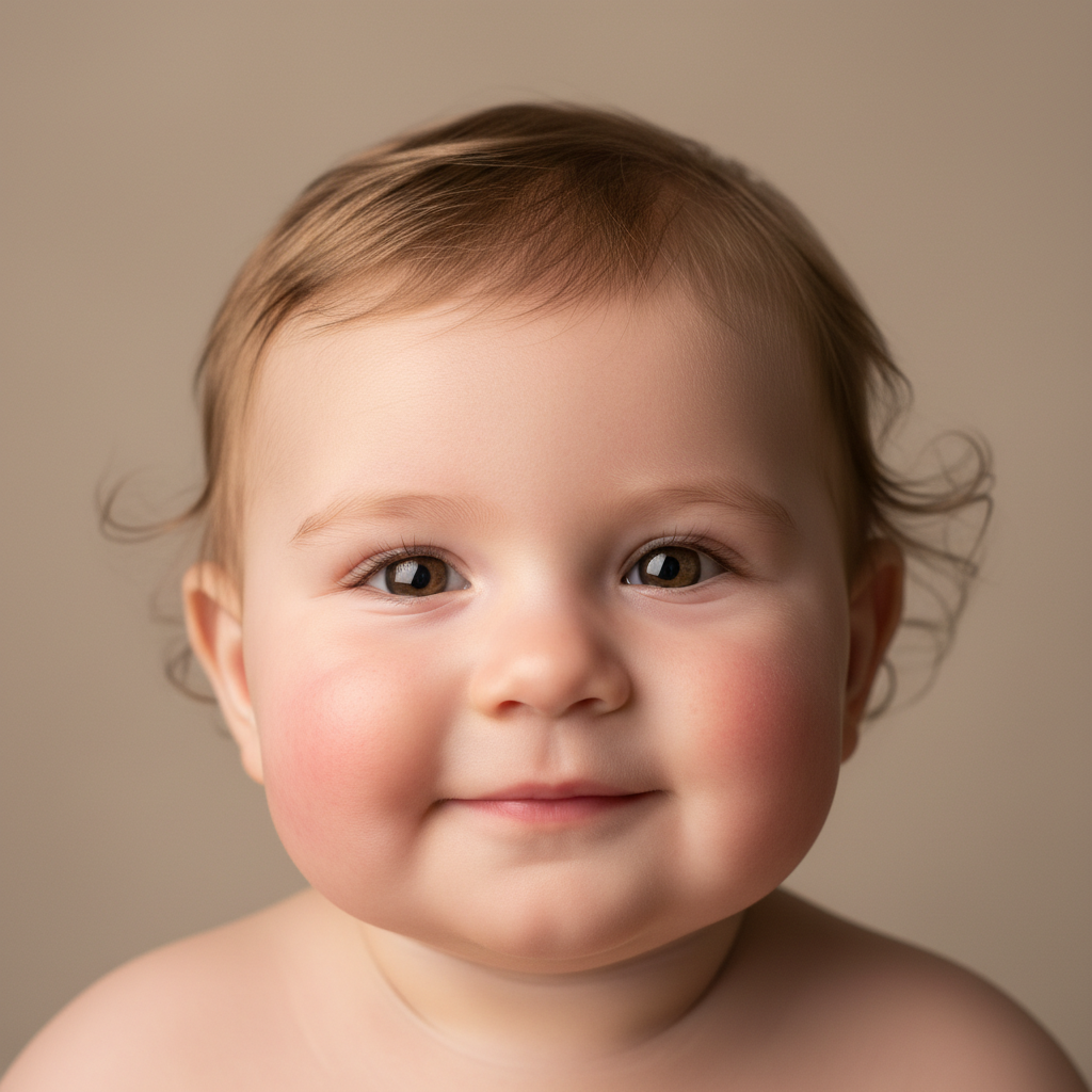 AI baby generator result — baby with sparkling eyes and chubby cheeks in studio lighting