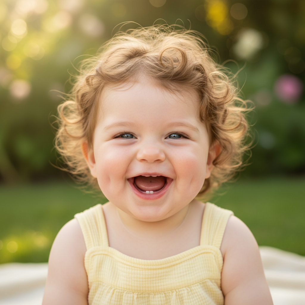 AI baby generator result — laughing baby with curly hair in a sunlit garden
