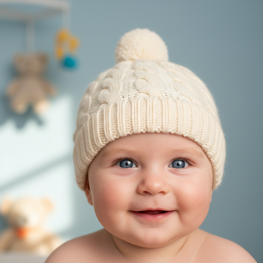 AI baby generator result — cheerful infant with bright eyes in a cosy knit hat