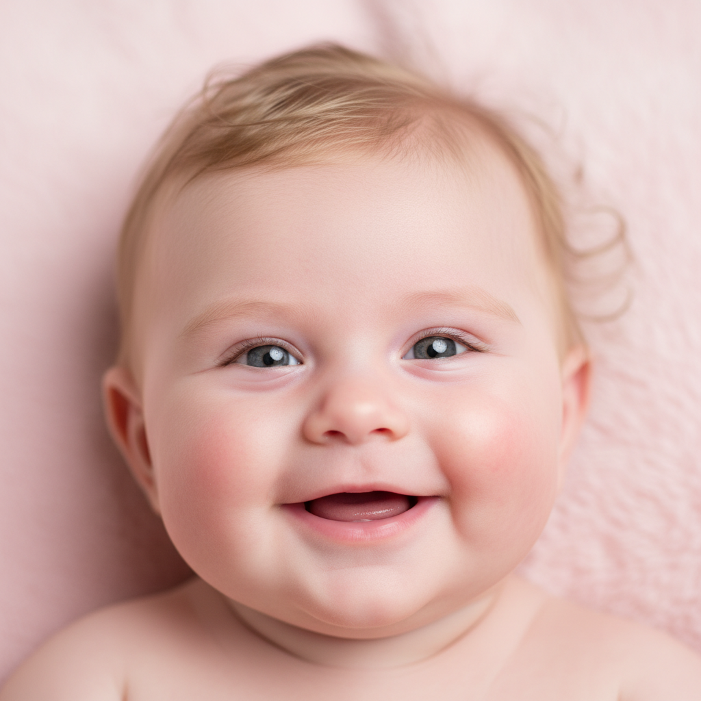 AI baby generator result — smiling baby with rosy cheeks on a pastel background