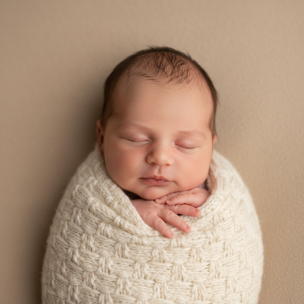 AI baby generator result — sleeping newborn wrapped in a soft cream blanket