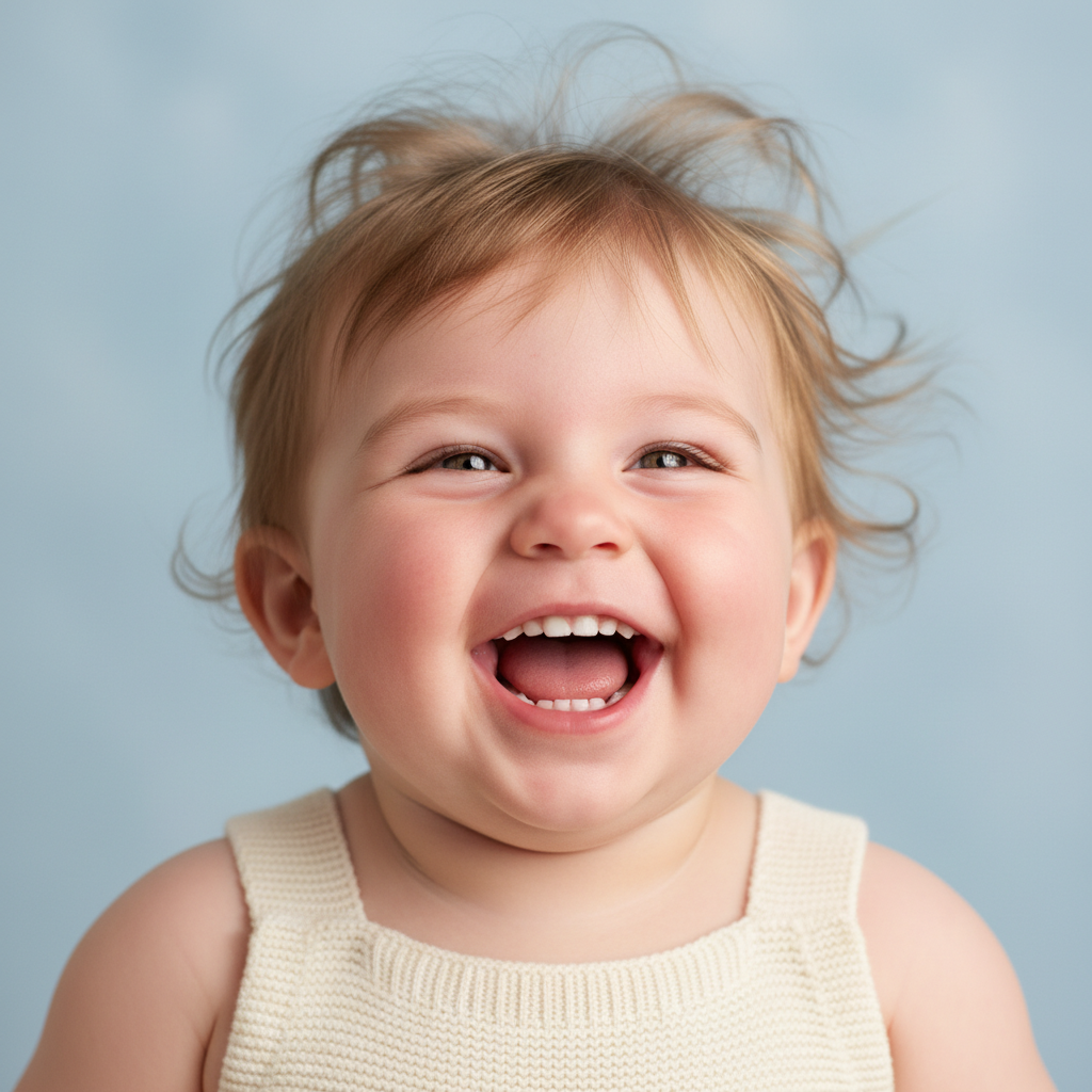 AI baby generator result — giggling toddler against a light-blue backdrop