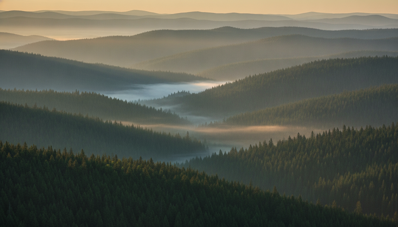 AI background generator example — a misty pine forest valley at sunrise with layered ridgelines fading into golden haze