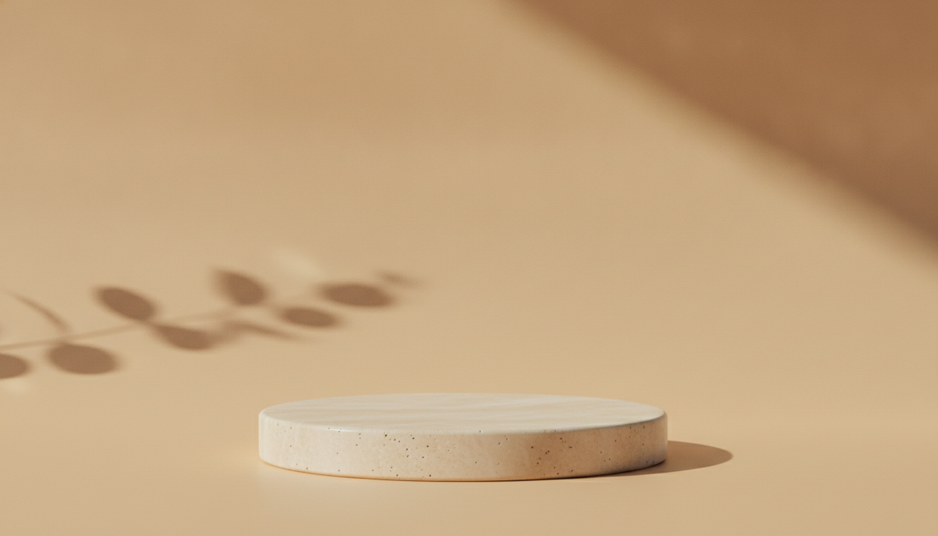 AI background generator example — a minimalist product photography backdrop with a stone pedestal, warm sand tones and soft directional studio light