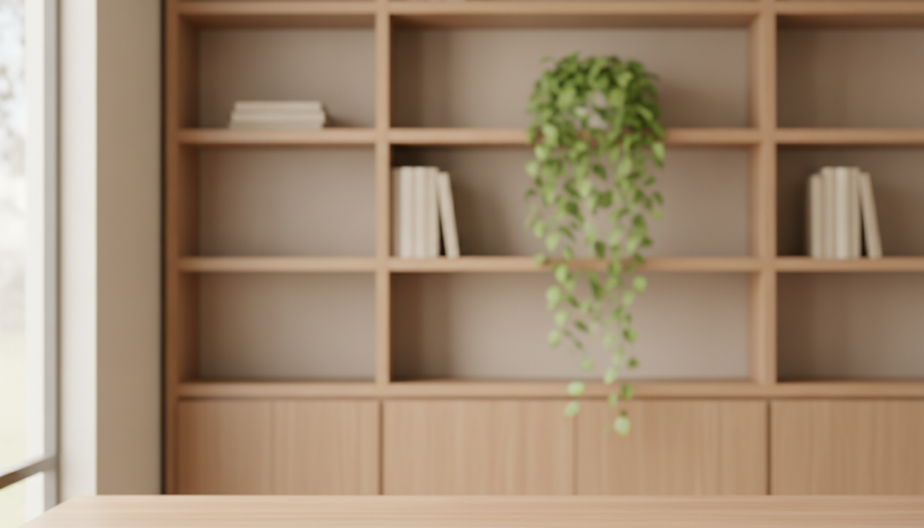 AI background generator example — a blurred modern home office with oak shelving and plants, used as a professional video call background