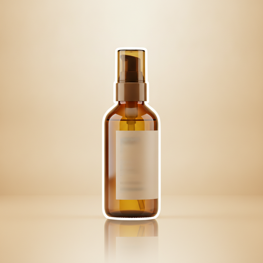 AI background remover result — a skincare bottle with its background replaced by a studio backdrop