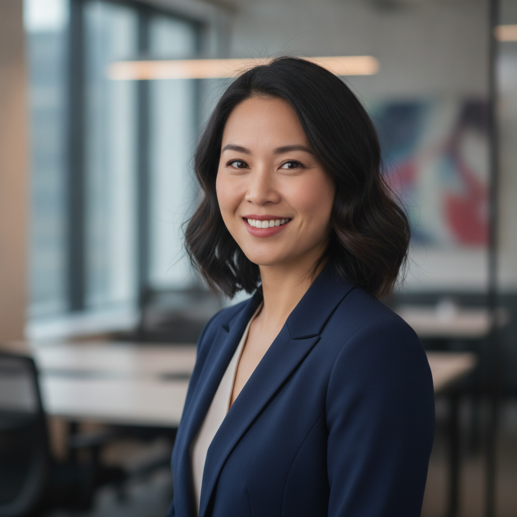 AI background replacement tool result — a businesswoman portrait with the background replaced by a modern blurred office interior with natural lighting
