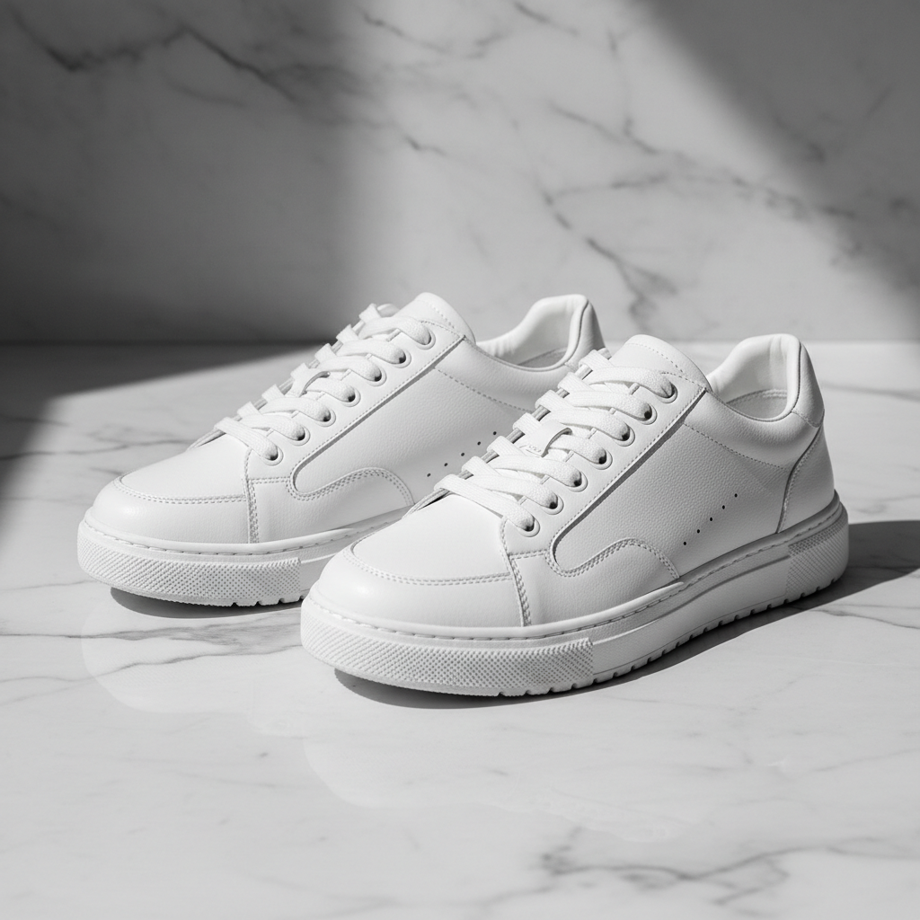 AI background replacement tool result — white sneakers with the background swapped to a stylish marble surface with soft shadows for lifestyle e-commerce