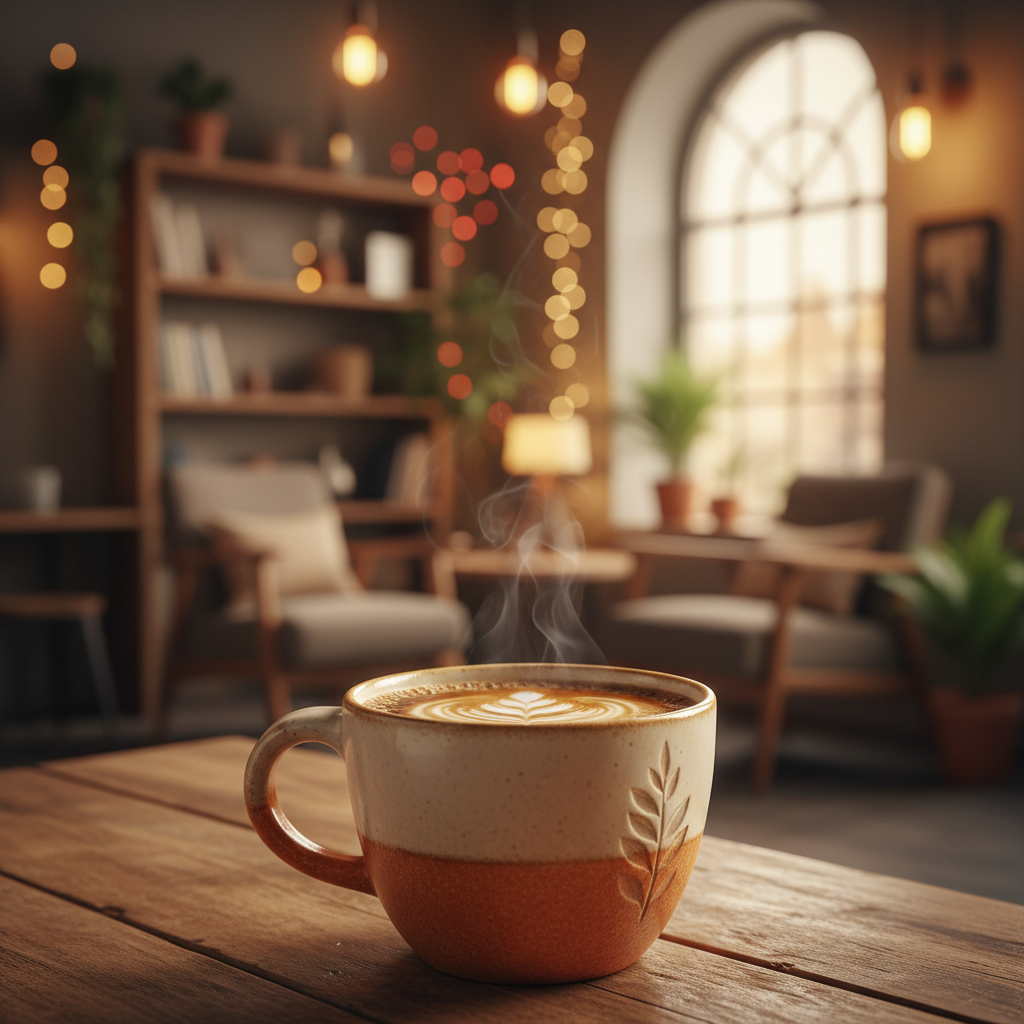 AI background replacement tool result — a coffee mug with its background replaced by a cozy warm cafe scene with bokeh lights and realistic depth of field