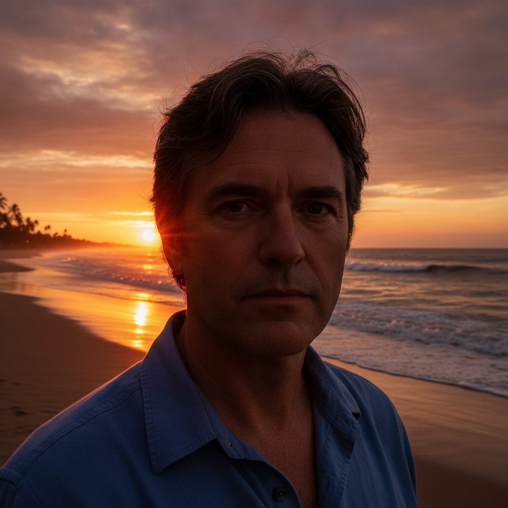 AI background replacement tool result — a man portrait with the background changed to a dramatic sunset beach scene with realistic matching lighting