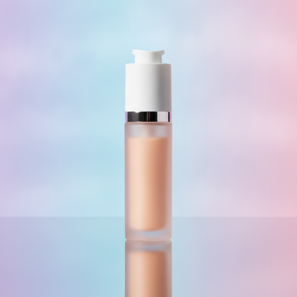 AI background replacement tool result — a cosmetic bottle with the background replaced by a soft pastel gradient studio backdrop with clean reflections