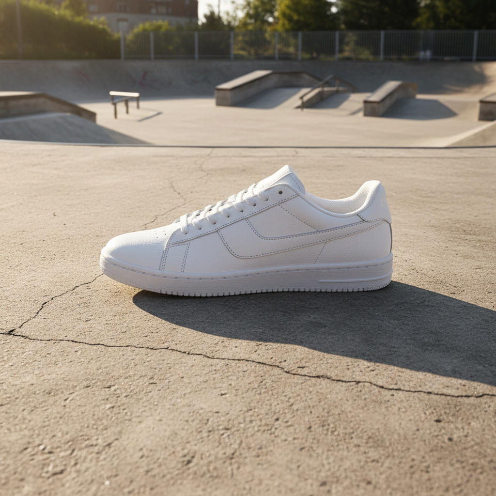 Background change example — the same white sneaker composited onto a sunlit concrete skate park with matched rim light and a realistic ground shadow