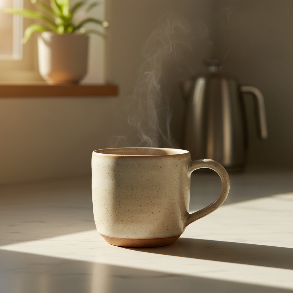 Photo editing comparison — a ceramic coffee mug on a marble kitchen counter in warm morning window light with shallow depth of field