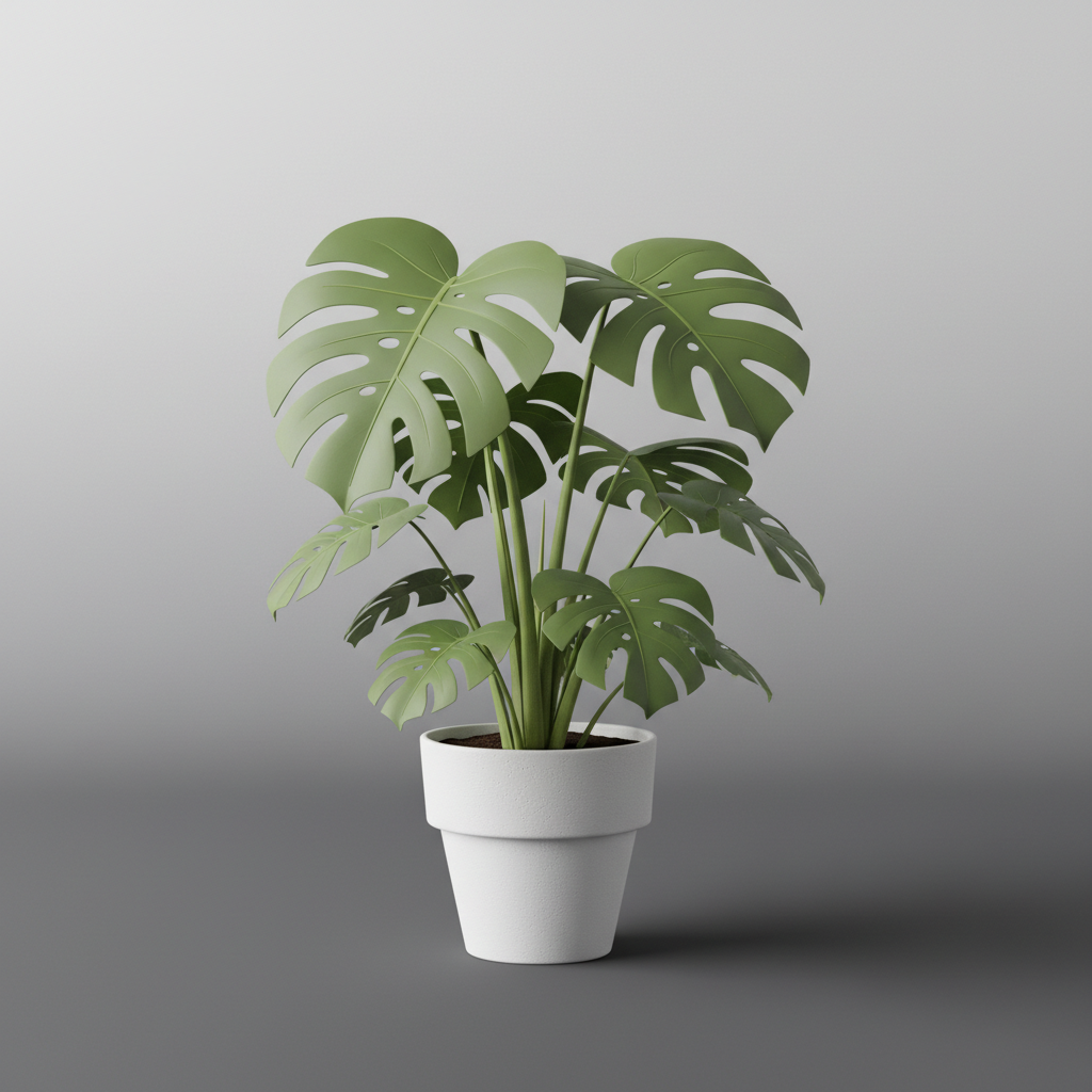 AI background replacement example — a potted monstera plant with clean cut-out edges on a soft grey gradient studio backdrop in catalogue style