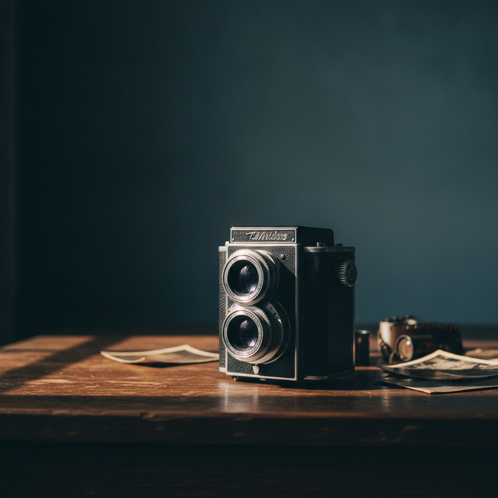 Digital art comparison — a vintage film camera on a wooden desk against a moody dark teal gradient backdrop with dramatic side lighting