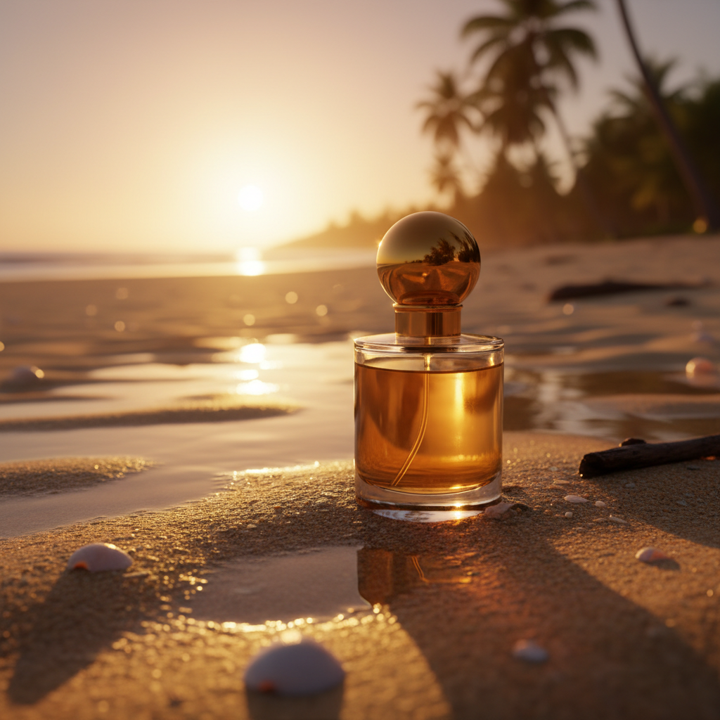 AI tools background change — an amber glass perfume bottle on a tropical beach at golden hour with soft reflections in wet sand