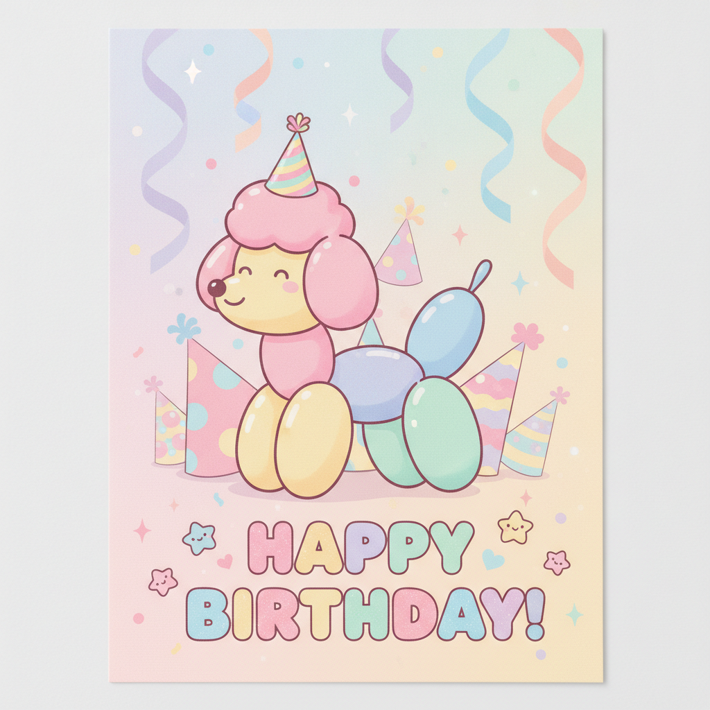 AI birthday card generator result — a cute birthday card with a cartoon balloon animal and party hats