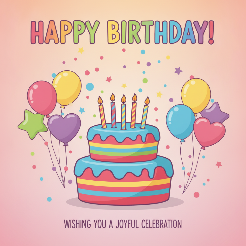 AI birthday card generator result — a colorful birthday card with a layered cake, candles, confetti and balloons