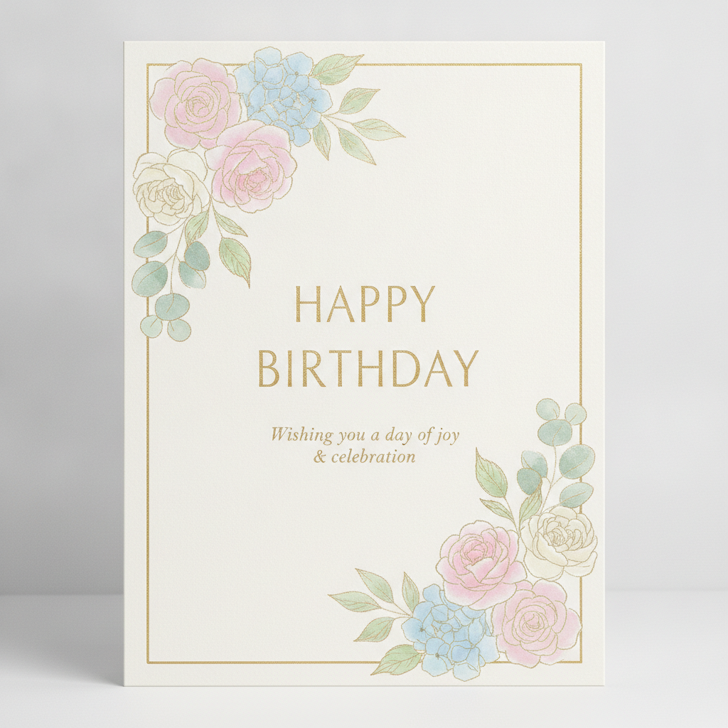 AI birthday card generator result — an elegant birthday card with gold foil lettering and pastel florals