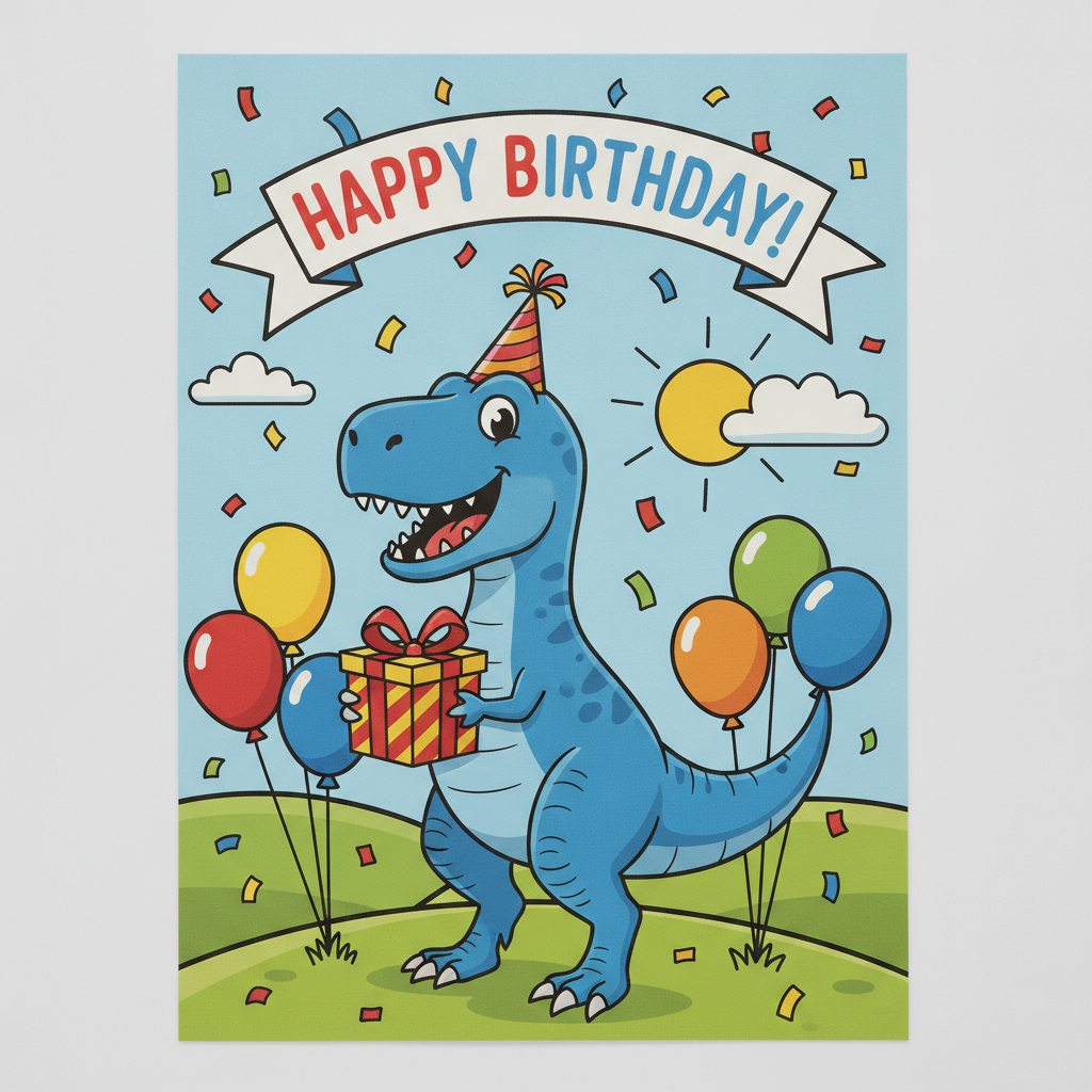 AI birthday card generator result — a fun kids birthday card with a cartoon dinosaur holding a present