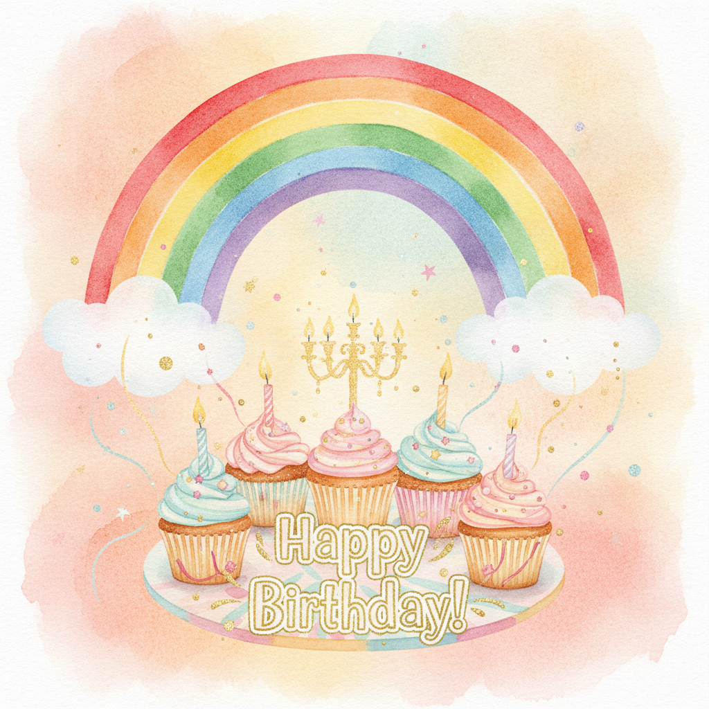 AI birthday card generator result — a whimsical watercolor birthday card with a rainbow and cupcakes