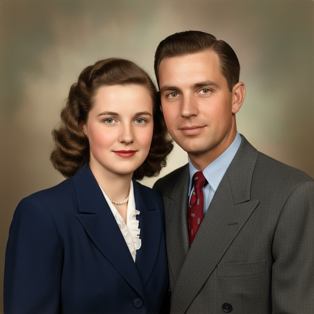 AI black and white photo colorizer showcase of a beautifully colorized vintage 1940s family portrait with accurate skin tones and period-correct color transformation, polished AI image colorizing 4K archival finish ready for family heirloom album