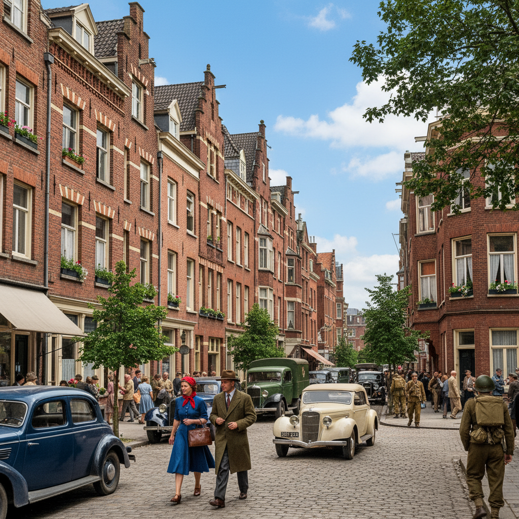 AI black and white photo colorizer output of a vibrant World War II era street scene with brick buildings and vintage cars, accurate red brick tones and period-correct fabric colors, polished AI colorization tool 4K historical archive finish
