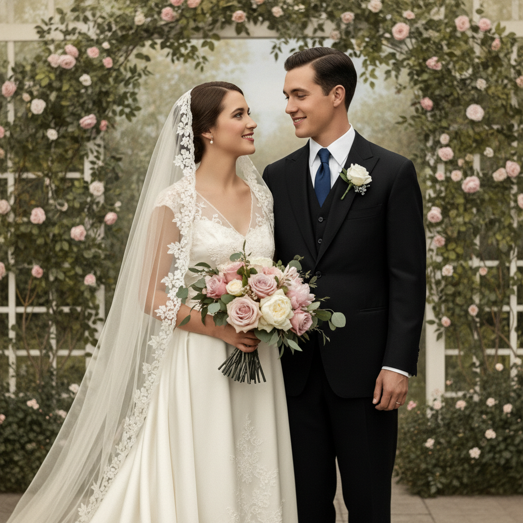 AI black and white photo colorizer result of an exquisitely colorized 1920s wedding photograph with bride in ivory gown, natural skin tones and soft cream and rose floral colors, polished black and white to color AI 4K archival finish ready for family heirloom album