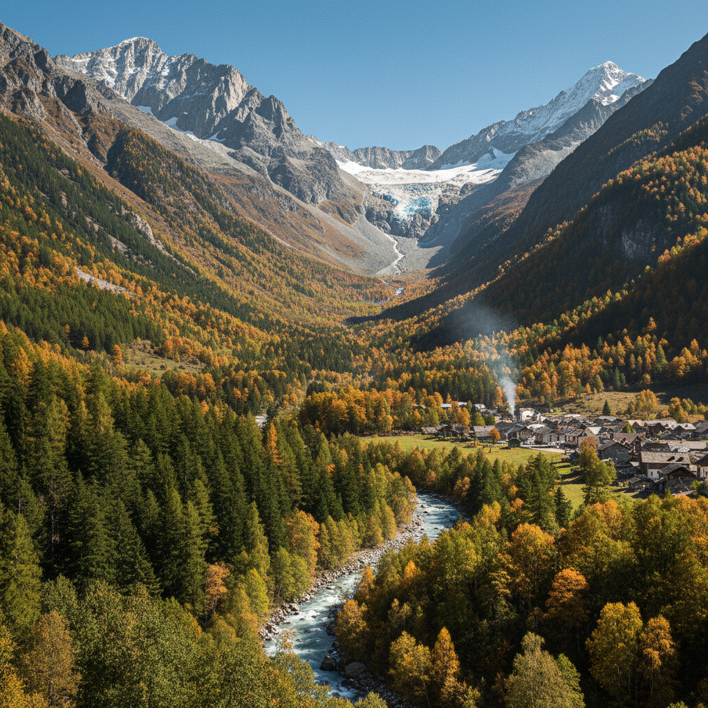 AI black and white photo colorizer transformation of a vintage landscape photograph showing mountain valley with autumn foliage, accurate emerald and amber tree colors and natural earthy palette, polished AI image colorizing 4K gallery print finish