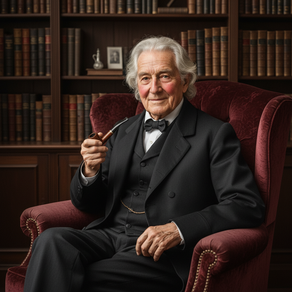 AI black and white photo colorizer output of a richly colorized antique portrait of an elderly grandfather in armchair, natural silver hair and warm skin tones with period-correct burgundy upholstery, polished AI black and white photo colorizer 4K memorial keepsake finish