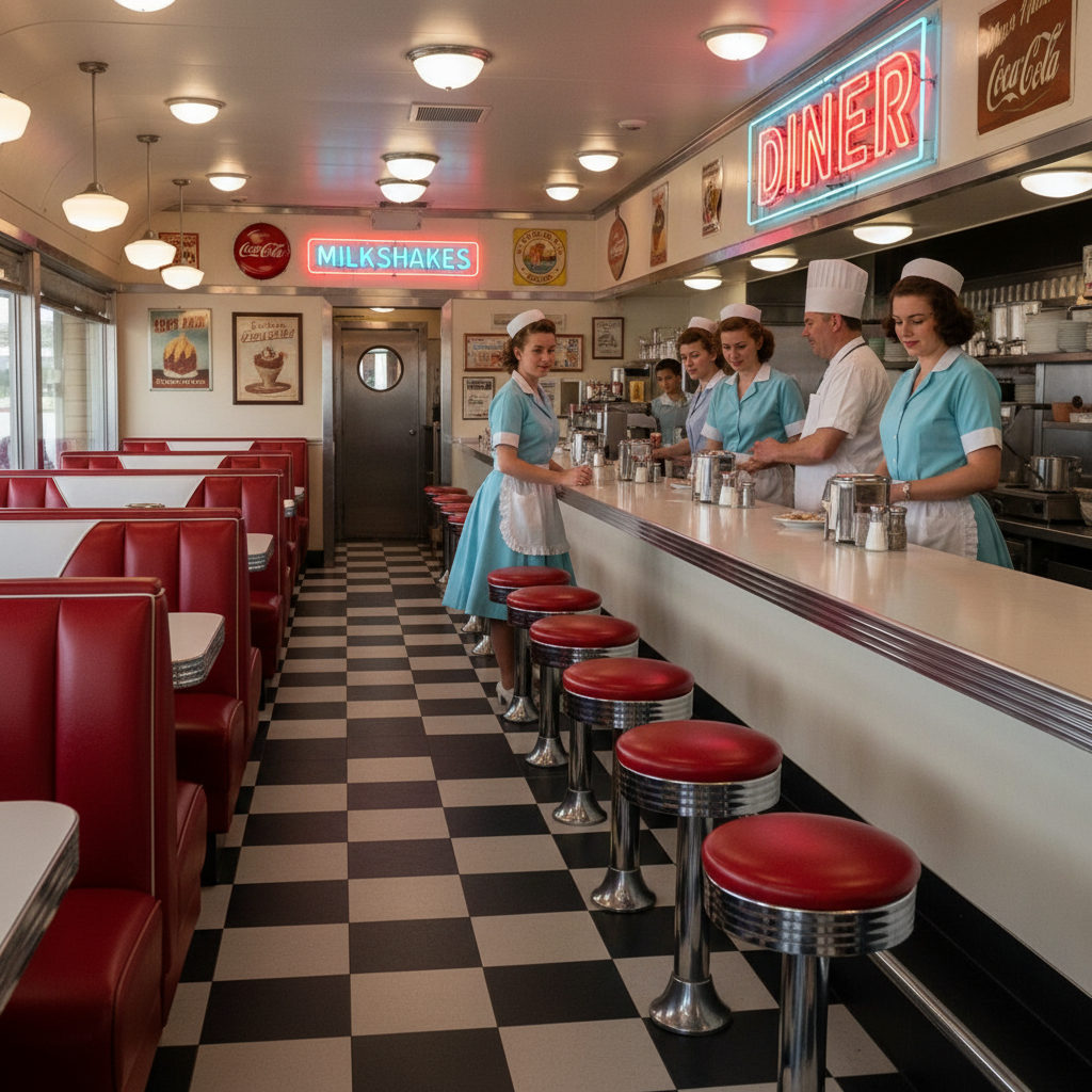 AI black and white photo colorizer output of a vivid colorized 1950s diner interior with red leather booths and chrome counter trim, period-correct pastel staff uniforms and accurate retro signage colors, polished colorize black and white photos AI 4K nostalgia print finish