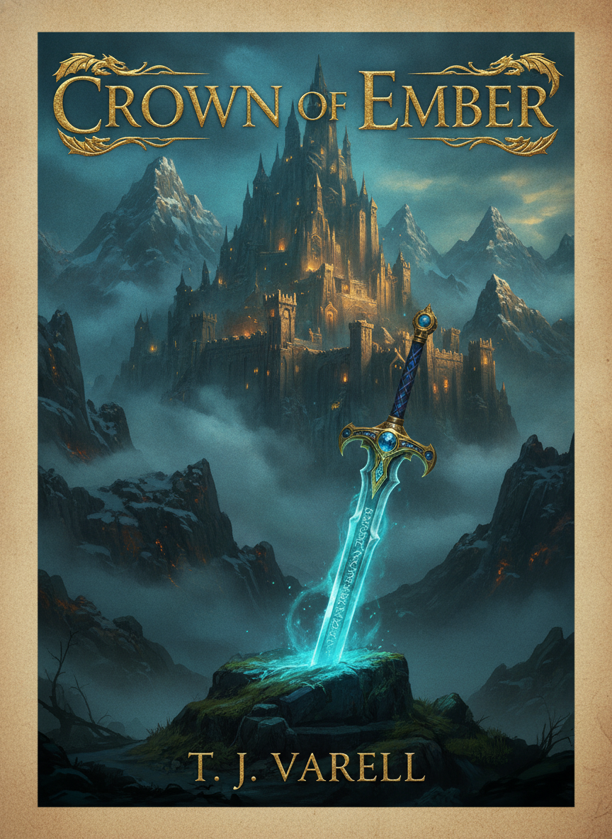 AI book cover generator example — an epic fantasy cover with a mountain citadel, glowing sword and ornate metallic title lettering