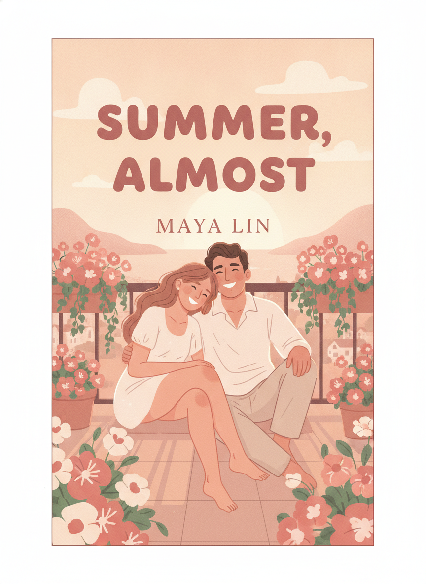 AI book cover generator example — an illustrated contemporary romance cover in blush pink with hand-lettered title text