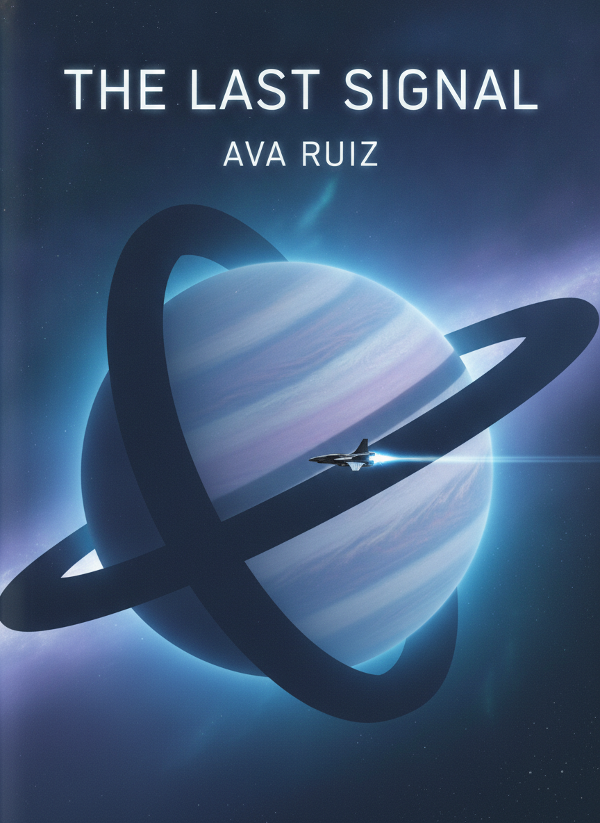 AI book cover generator example — a science fiction cover with an orbital ring station, gas giant and luminous wide-tracked title text