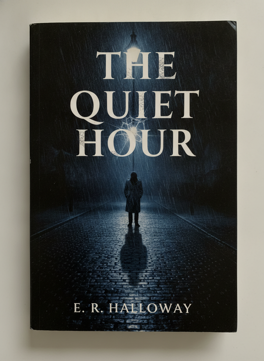 AI book cover generator example — a psychological thriller cover with a lone figure on a rain-slicked street and bold readable title typography