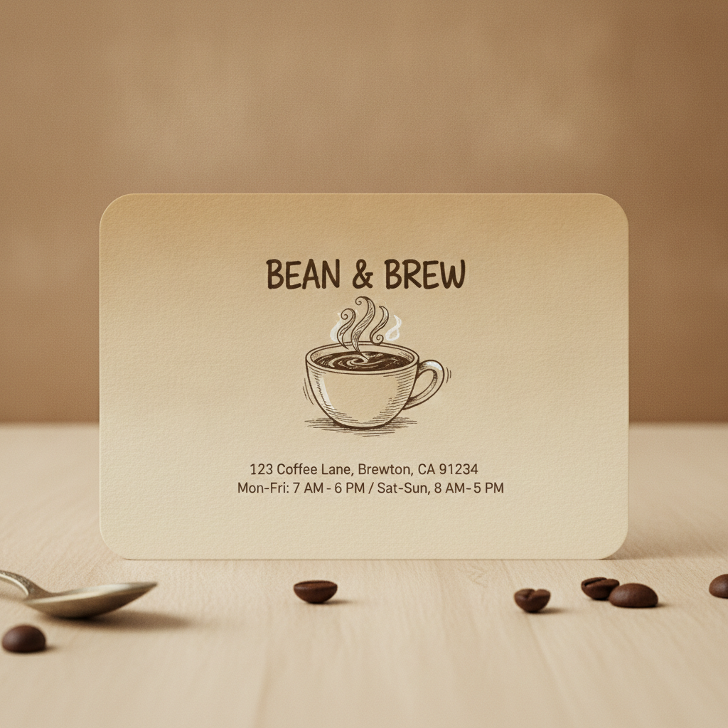 AI business card maker result — a warm rustic coffee shop business card with a hand-drawn cup illustration
