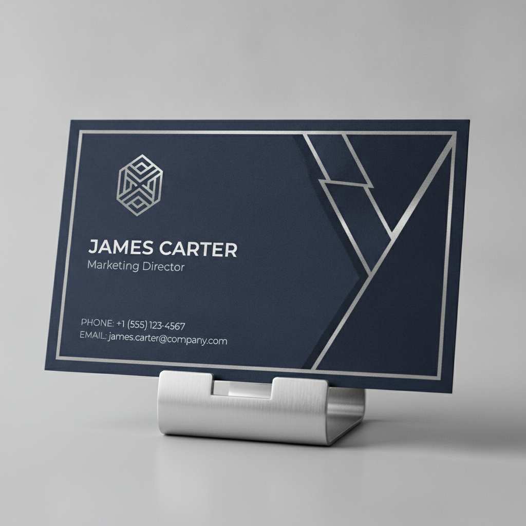 AI business card maker result — an elegant corporate business card in navy blue and silver with contact details