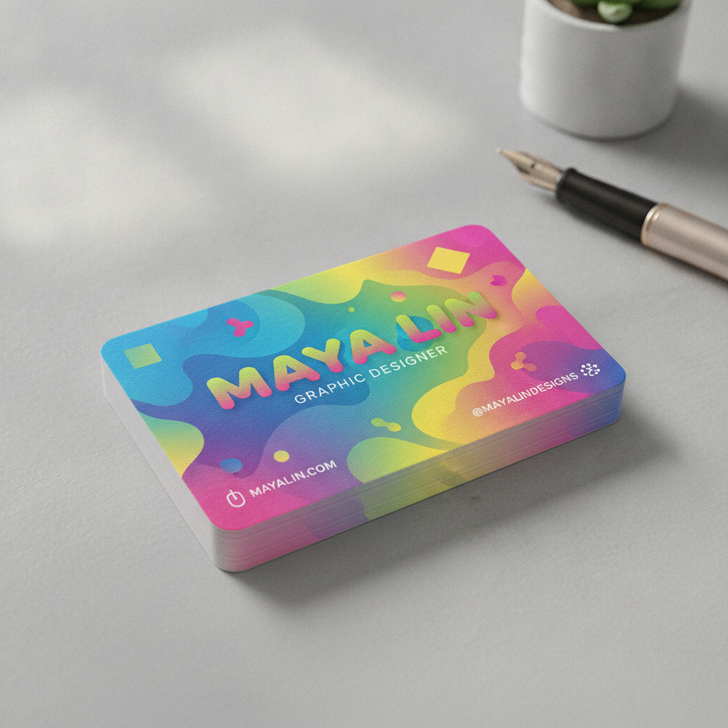 AI business card maker result — a bold creative business card with a colorful gradient and playful typography