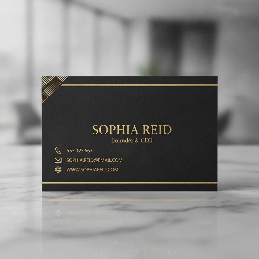AI business card maker result — a luxury black and gold business card with elegant serif lettering