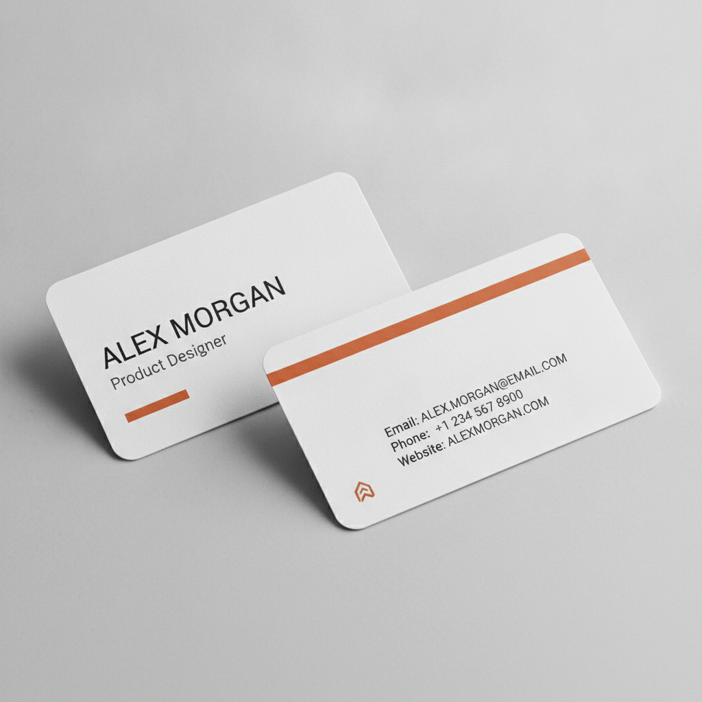 AI business card maker result — a modern minimalist business card with a name, title, and clean sans-serif typography
