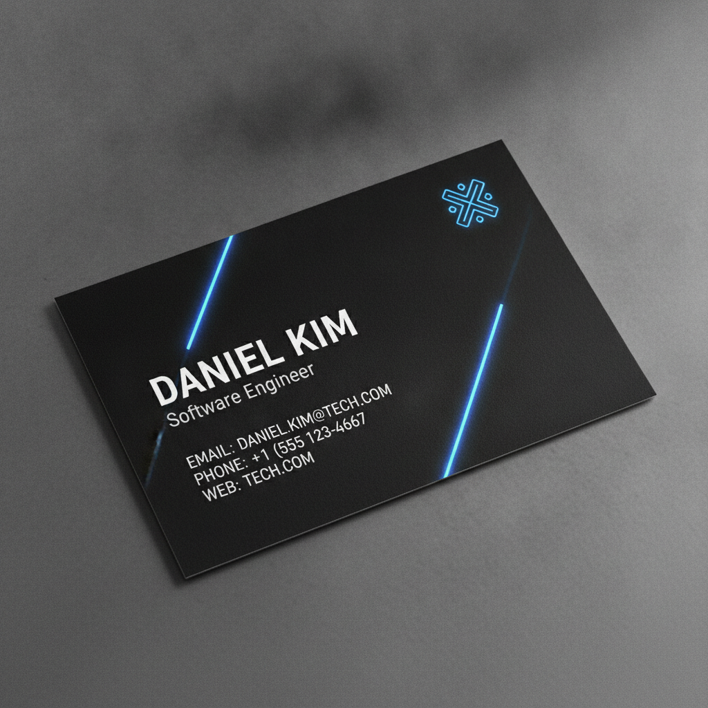 AI business card maker result — a sleek dark-mode tech startup business card with a neon accent line